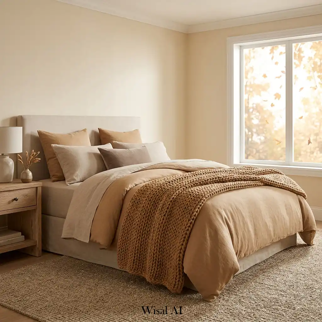Warm beige and camel-toned bedroom with sophisticated autumn styling.
