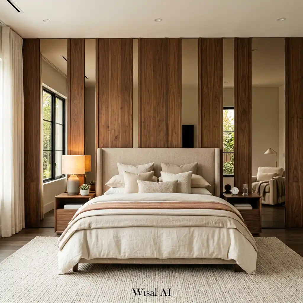 Bedroom wall paneling with floor-to-ceiling mirror inserts.