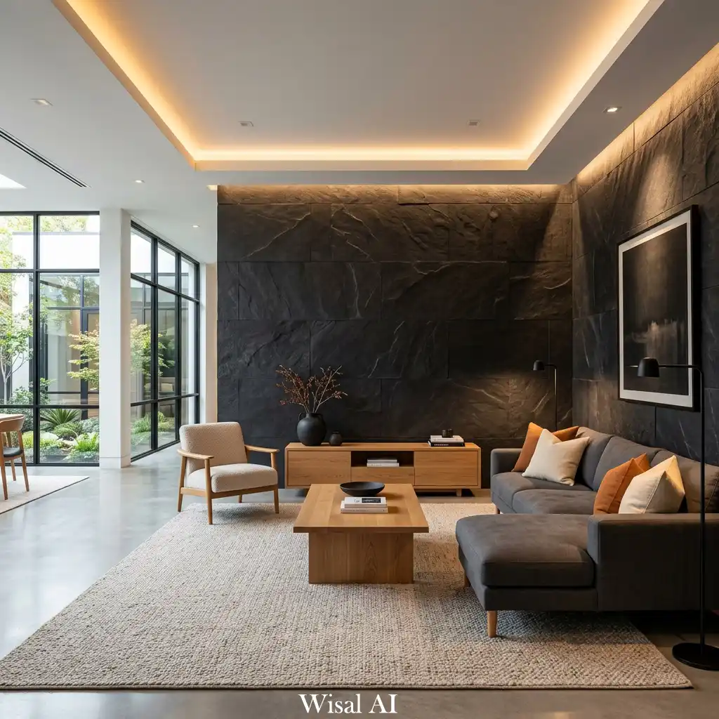 Modern black living room featuring a dramatic black limestone feature wall with warm accent lighting and luxury furnishings