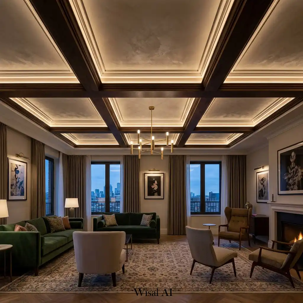 Designer living room featuring a custom architectural ceiling design