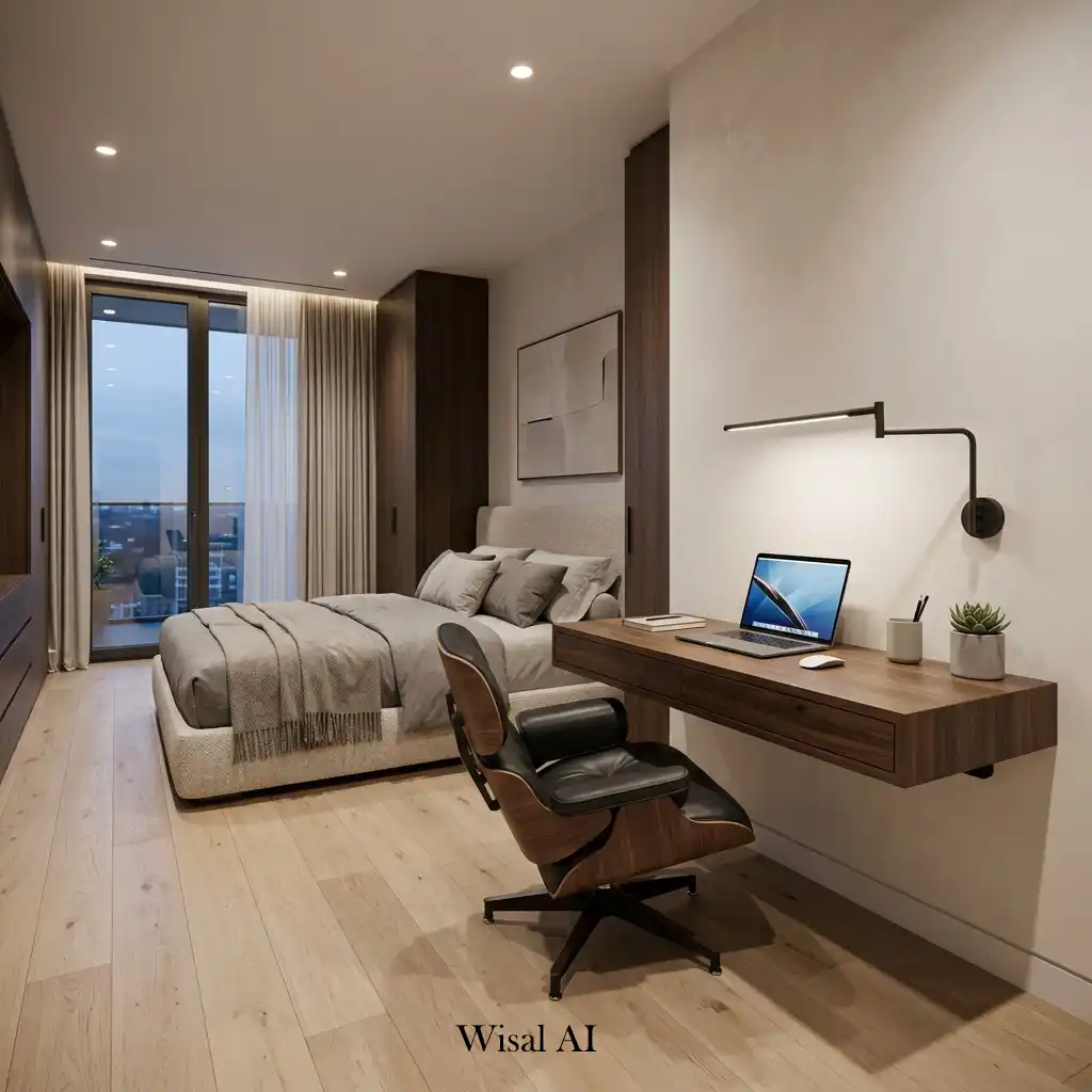 Contemporary bedroom with a minimalist floating desk and integrated workspace