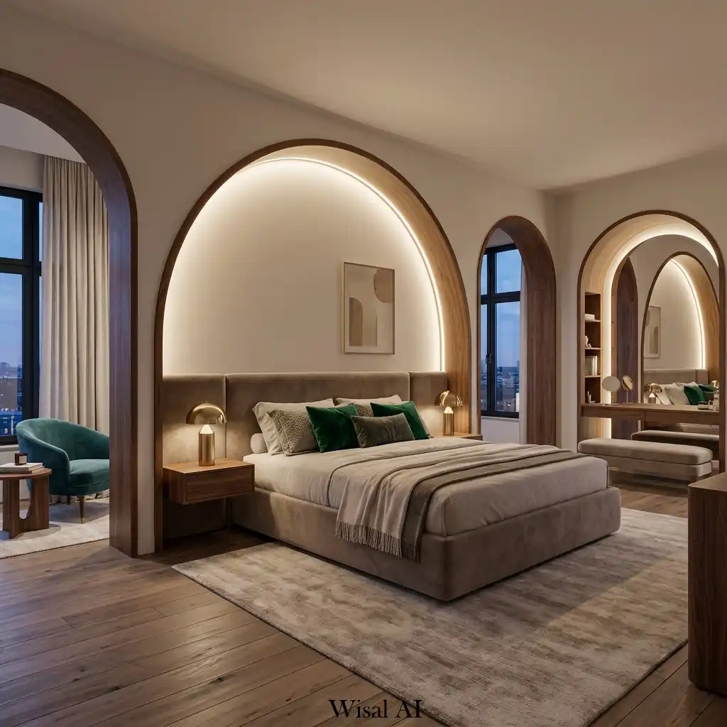 Contemporary European bedroom with walnut arch details