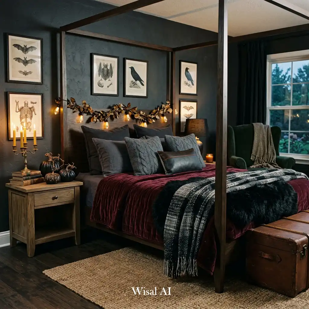 Halloween bedroom with layered dark textures including velvet and linen.