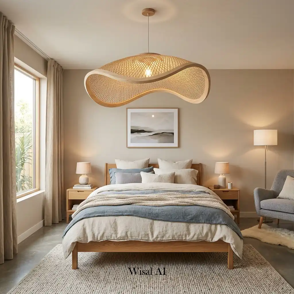 Modern bedroom featuring a statement pendant light and cozy décor.