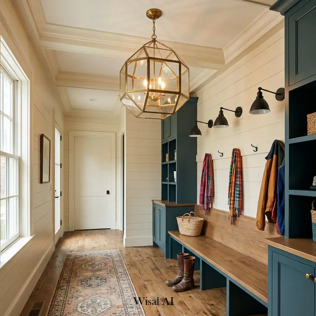 Modern mudroom featuring statement pendant lighting and elegant design details