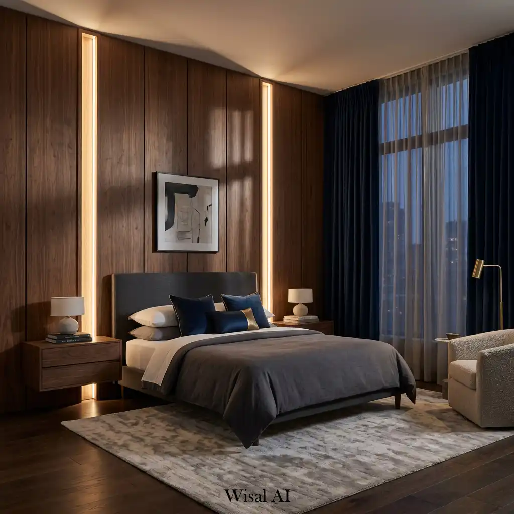 Luxury bedroom featuring illuminated vertical lighting channels within wall panels.