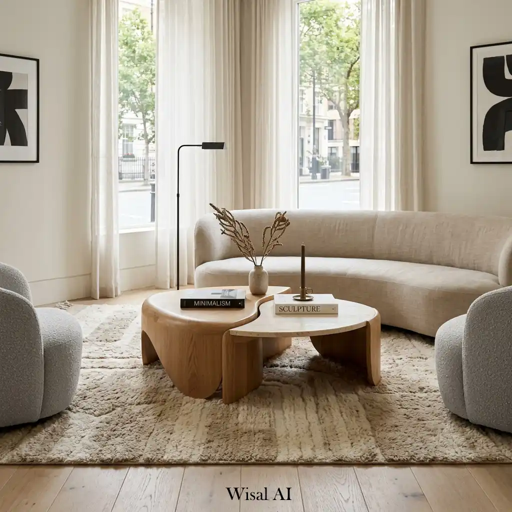 Luxury living room centered around an artistic sculptural coffee table