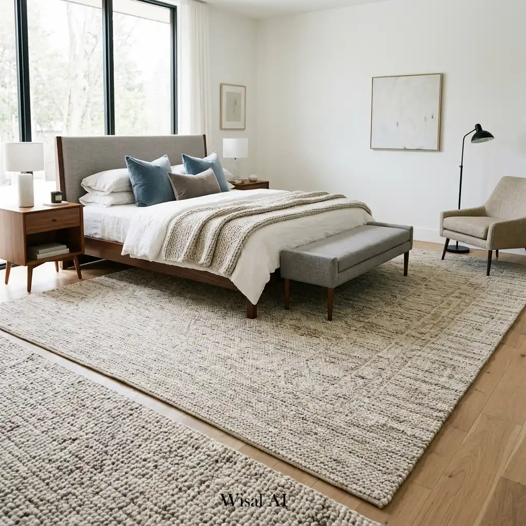 Luxury bedroom anchored by an oversized area rug and refined furnishings