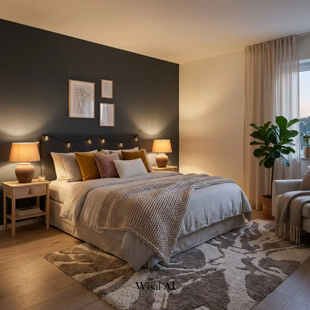 Cozy bedroom with a dark accent wall and warm layered lighting.