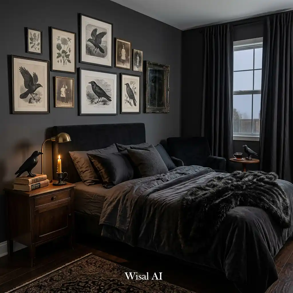 Dark moody bedroom decorated with subtle raven-inspired accents.