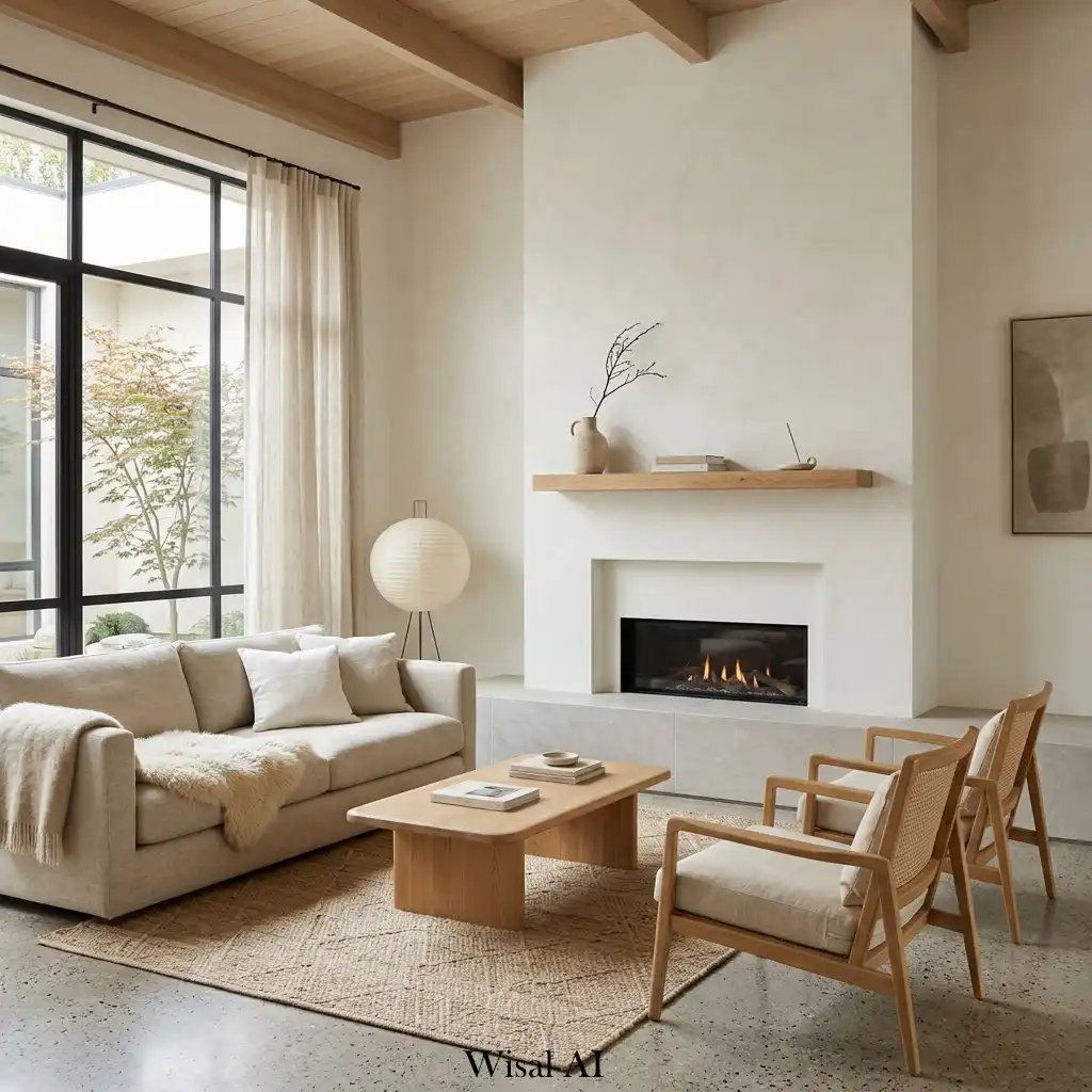Japandi living room featuring a minimalist fireplace and natural materials