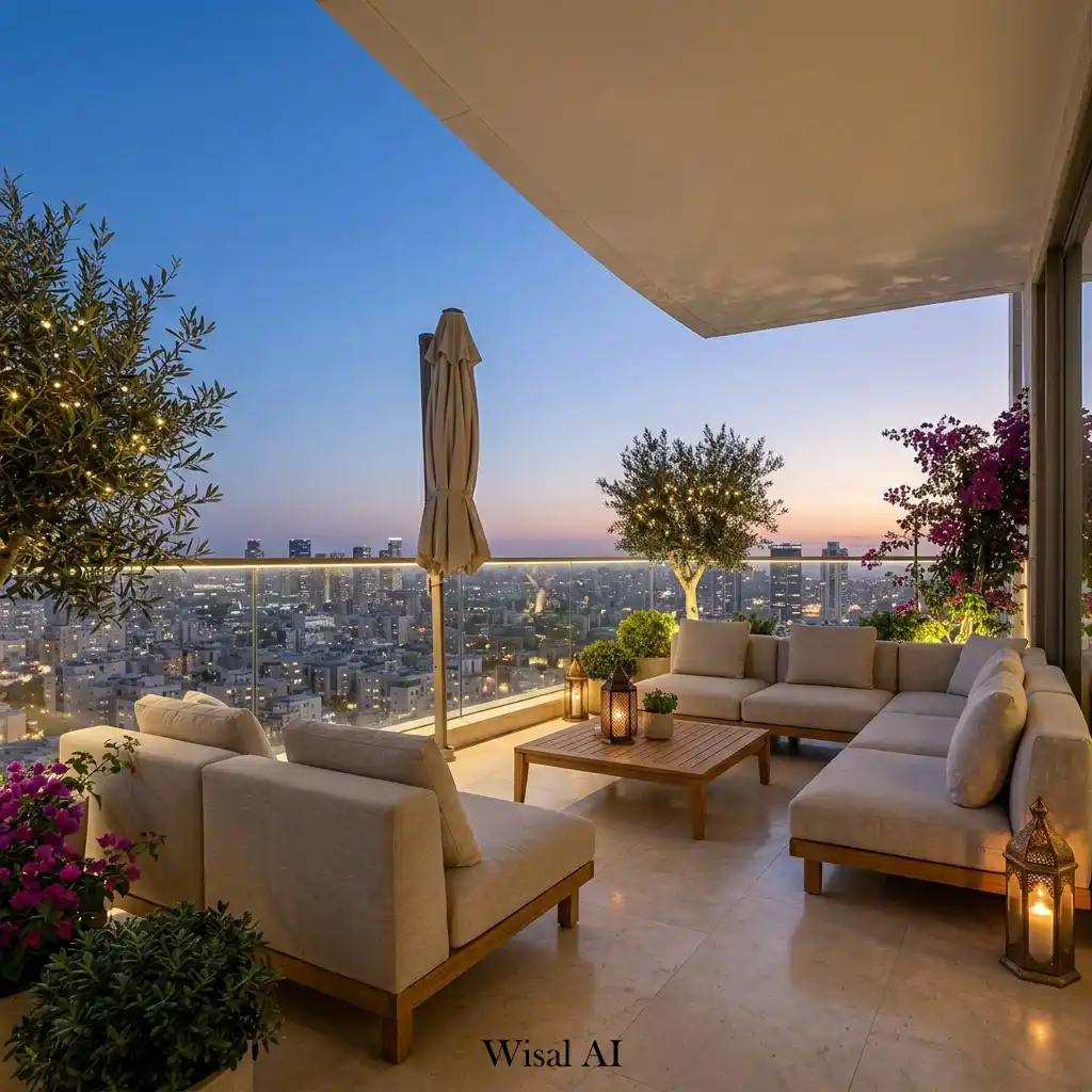 Elegant balcony designed for both daytime relaxation and evening entertaining
