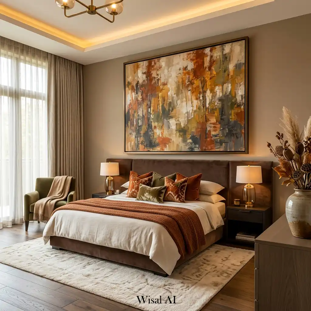 Oversized autumn-inspired artwork creating a striking bedroom focal point.