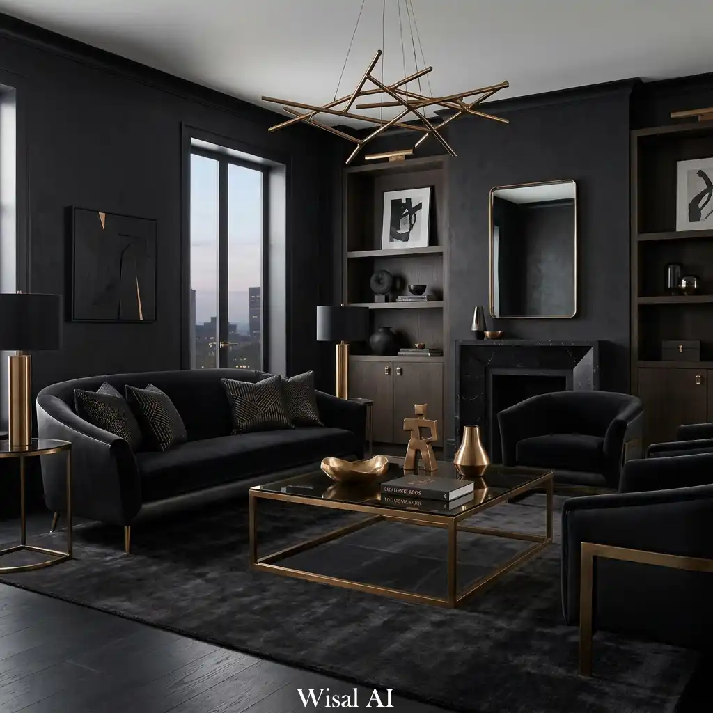 Obsidian black living room with elegant bronze metallic accents, contemporary furniture, and sophisticated luxury styling