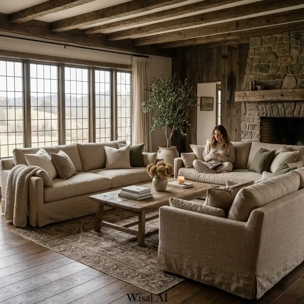 Elegant farmhouse living room with oversized linen sofa in warm neutral tones