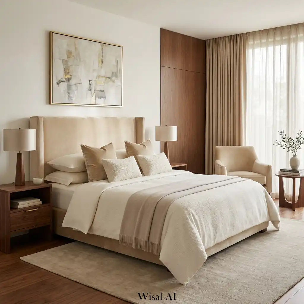 Quiet luxury bedroom retreat with champagne velvet and walnut accents