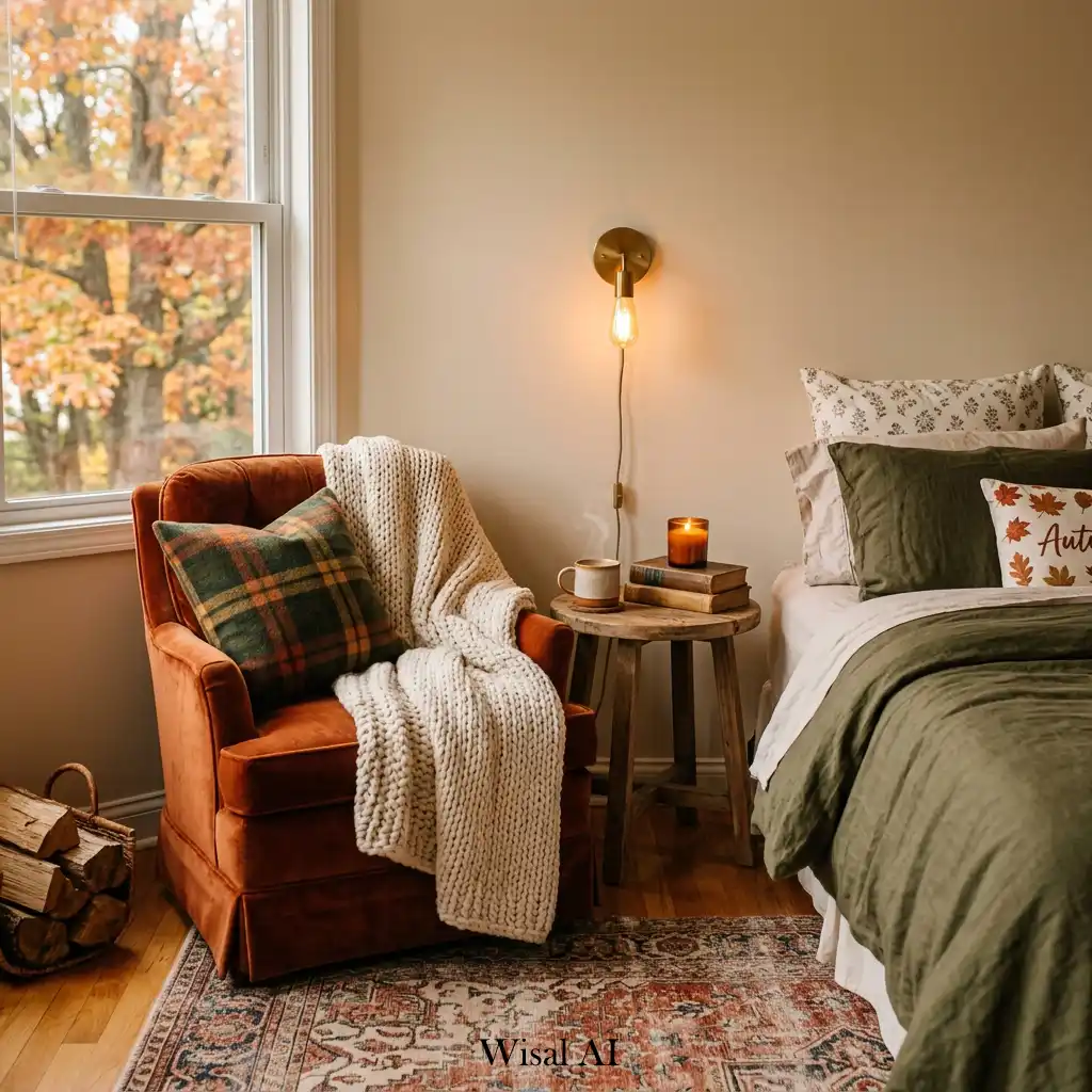 Cozy lounge corner designed for relaxation in a luxury autumn bedroom.