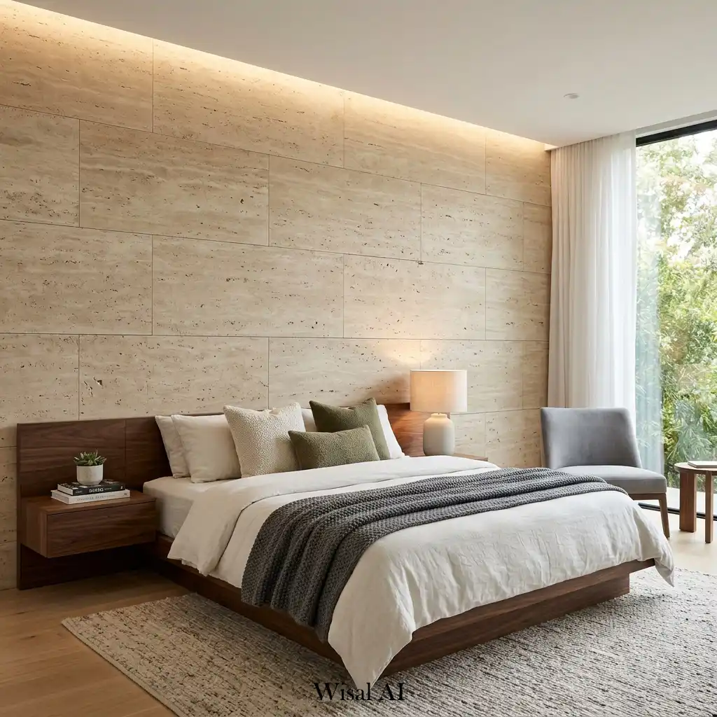 Bedroom with natural stone wall paneling and organic textures.
