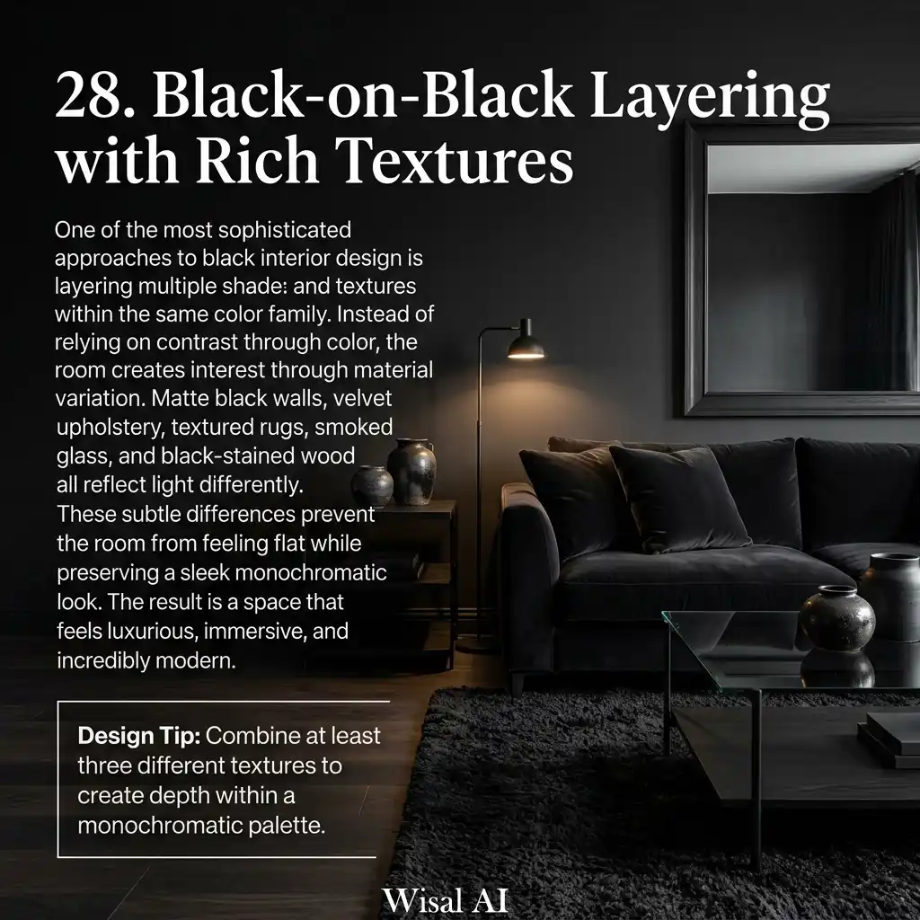 Luxury black living room showcasing layered black textures including velvet seating, dark wood, and smoked glass elements