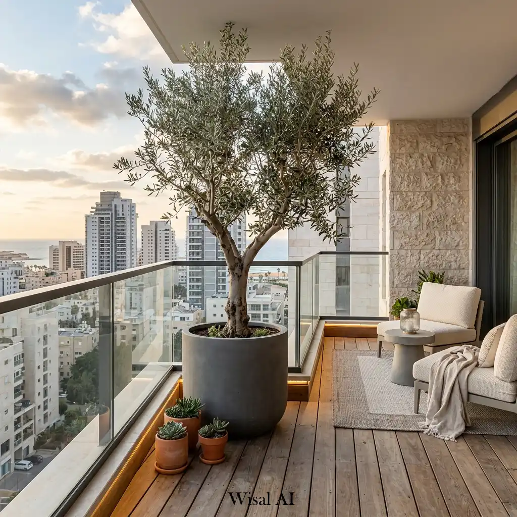 Modern balcony featuring a sculptural olive tree and city skyline views