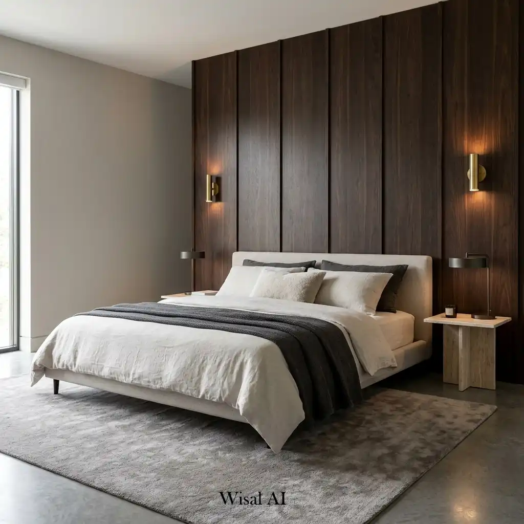 Modern bedroom featuring a dramatic dark wood accent wall behind the bed