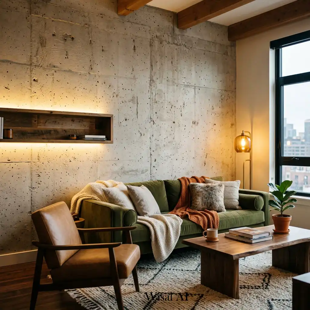 28. Exposed concrete wall with warm lighting in industrial living room