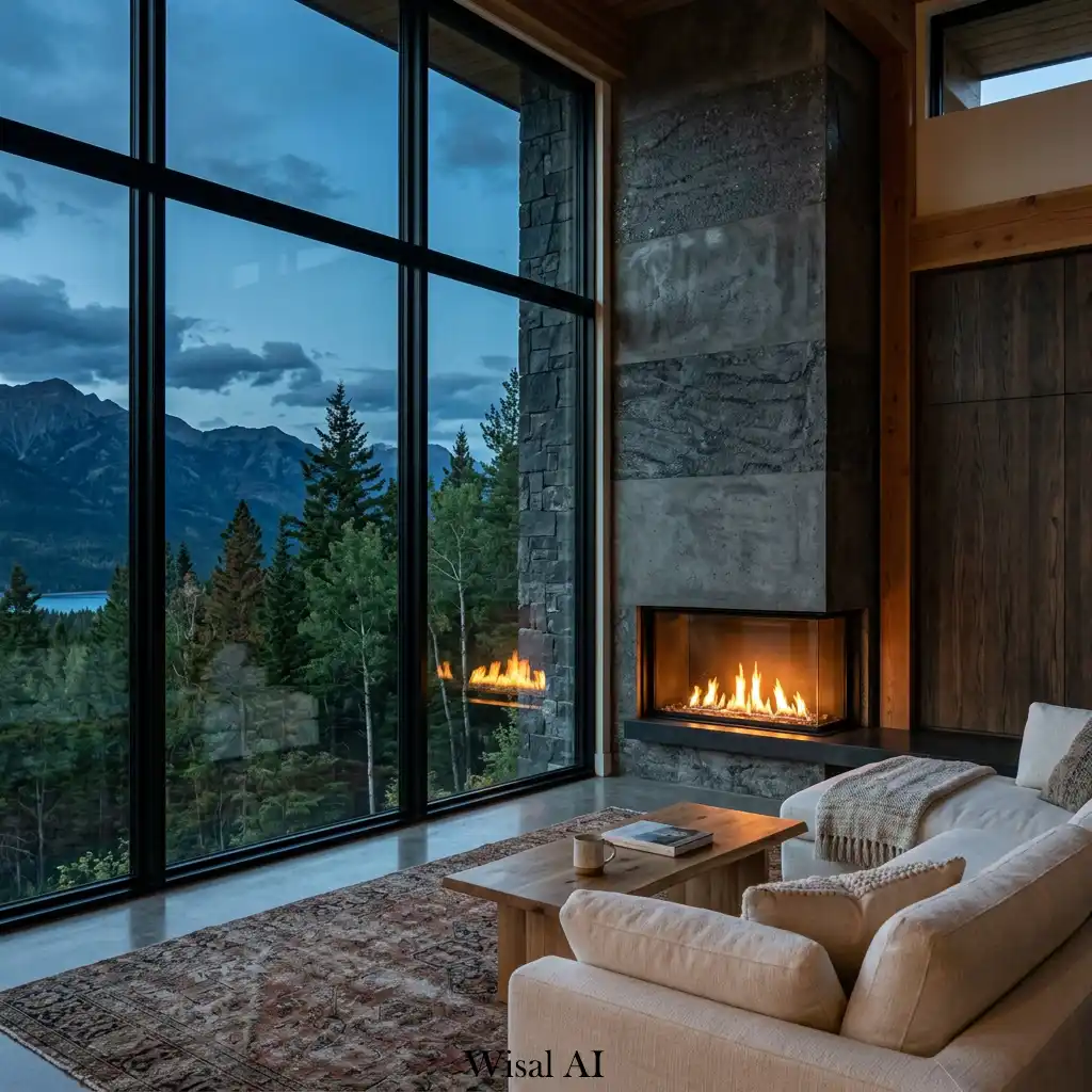 Contemporary fireplace paired with floor-to-ceiling windows and scenic views