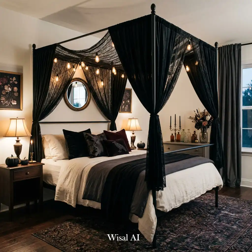 Elegant Halloween bedroom featuring a dramatic black canopy bed.