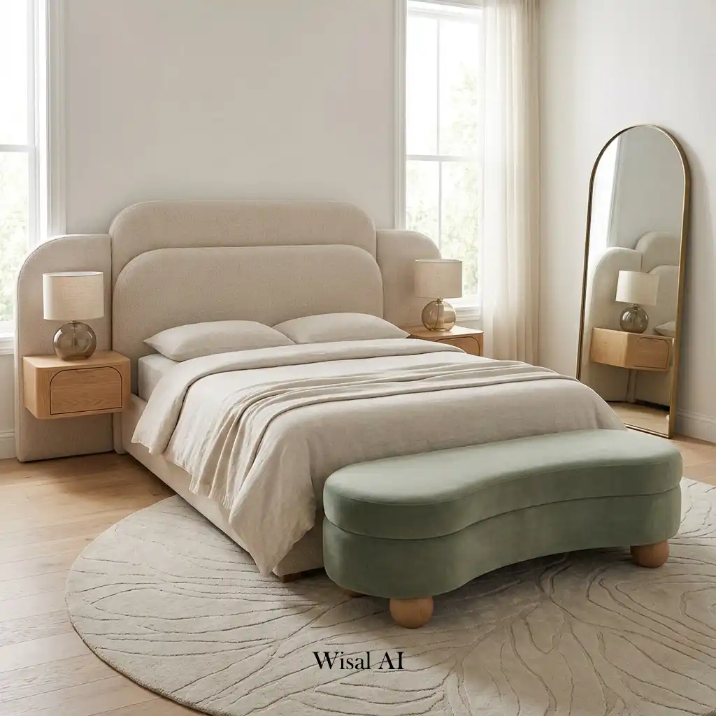 Modern bedroom with curved furniture details and soft organic shapes.