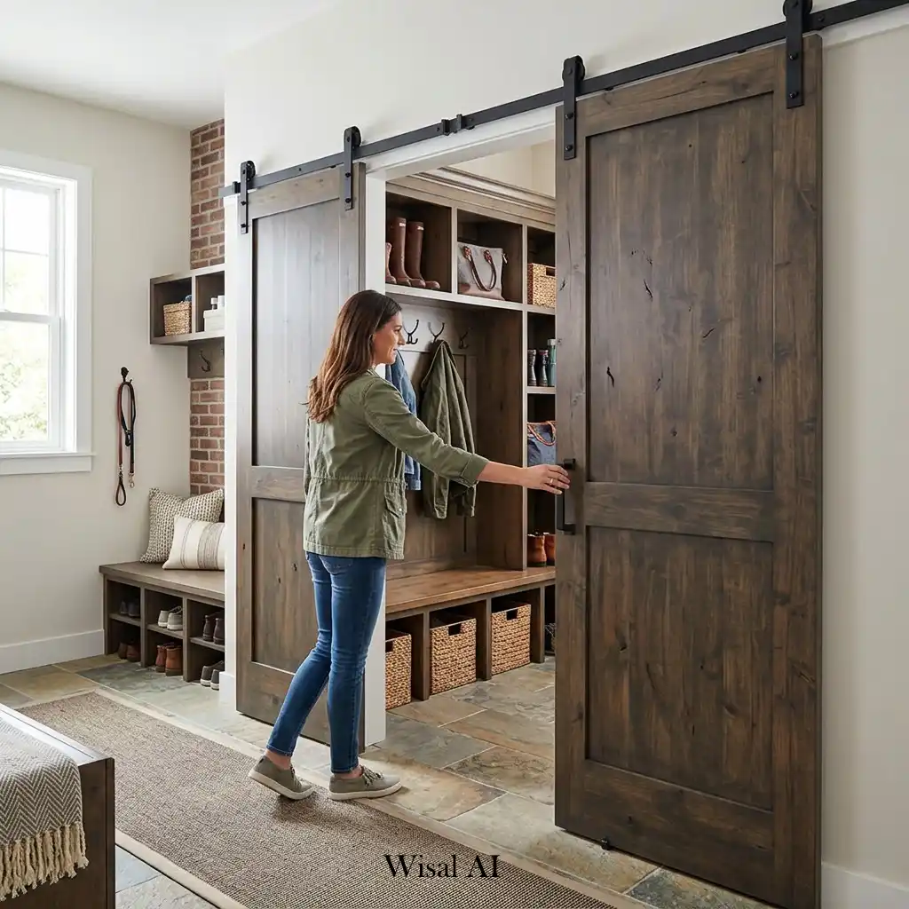 Mudroom with stylish sliding doors concealing organized storage compartments