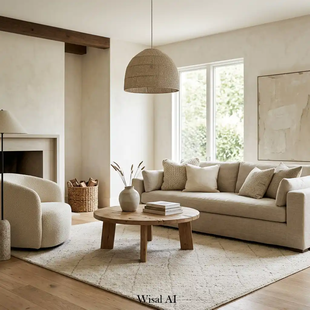 Neutral luxury living room showcasing layered textures and premium materials