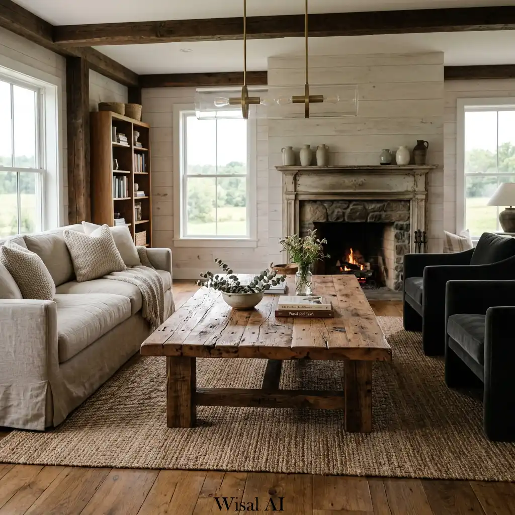Rustic luxury living room with reclaimed wood coffee table and modern decor accents