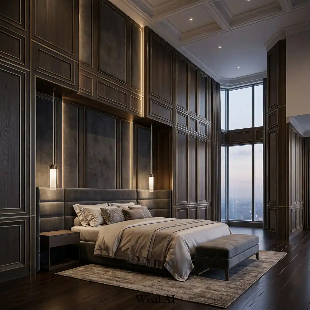Floor-to-ceiling luxury bedroom wall paneling with custom architectural detailing.