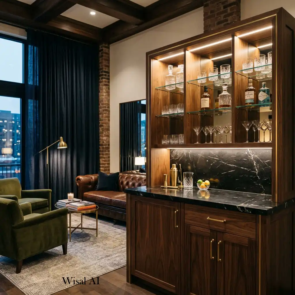 Elegant living room featuring a custom luxury bar cabinet and entertaining area