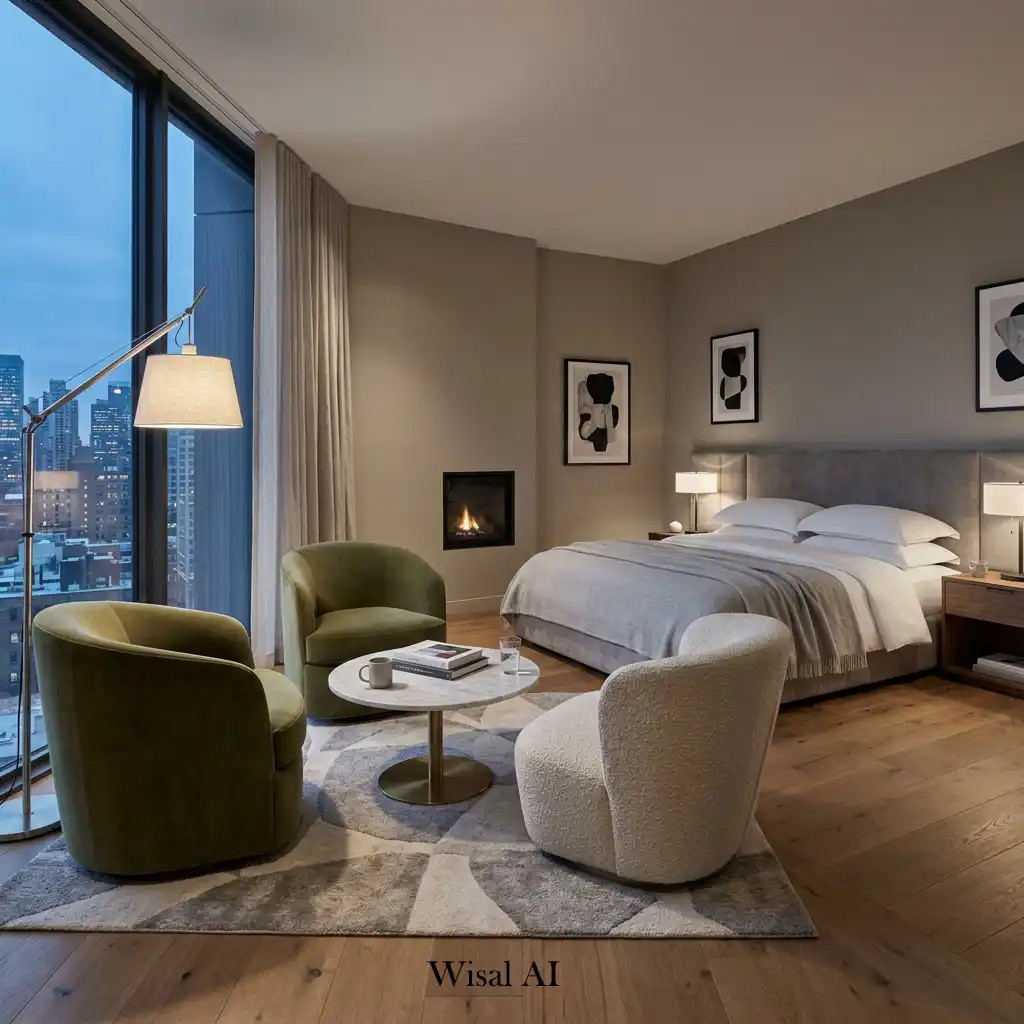 Luxury bedroom with a boutique hotel-inspired lounge seating area