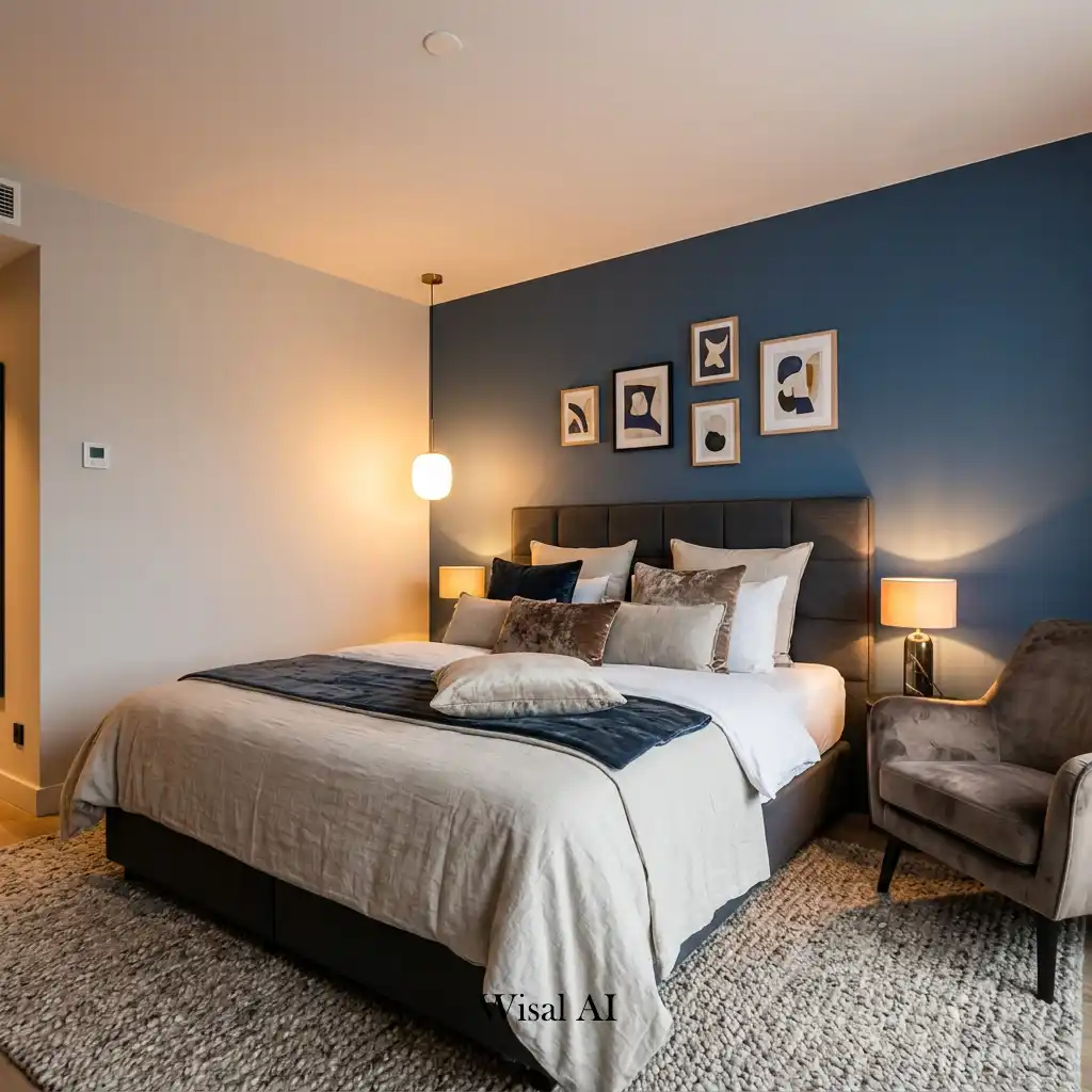 Boutique hotel-inspired bedroom with luxurious cozy styling.