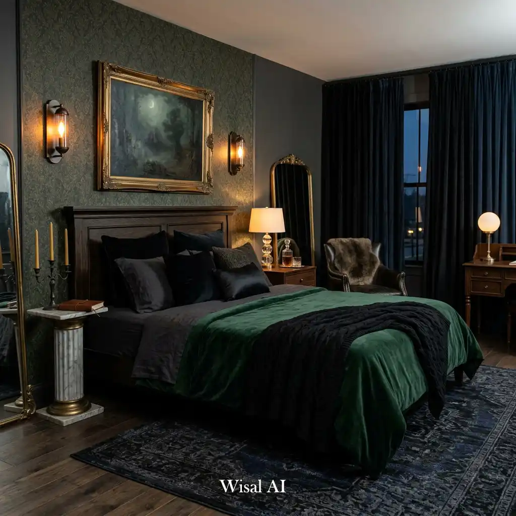 Boutique hotel-inspired bedroom with dark luxury styling and warm lighting.