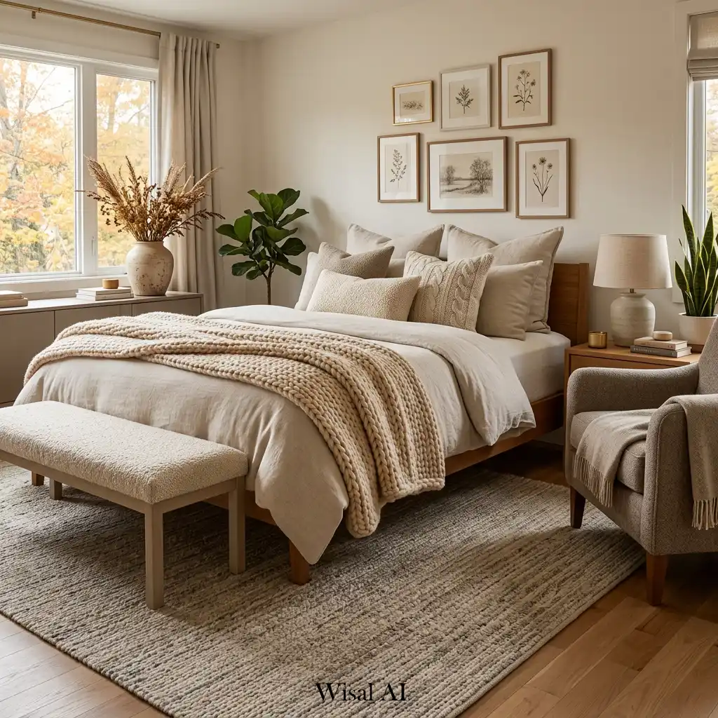 Natural wool blankets and textiles adding warmth and texture.