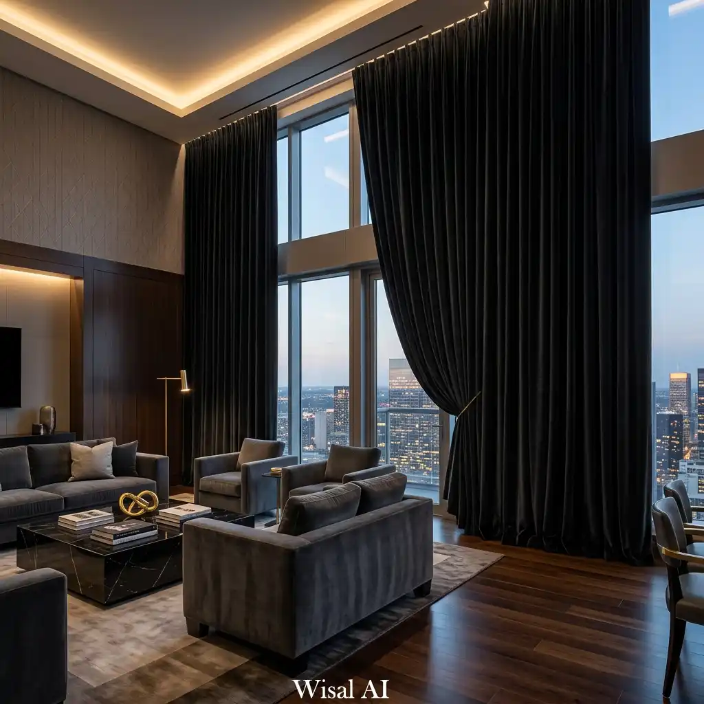 High-end black living room with floor-to-ceiling black curtains creating a dramatic hotel-inspired luxury atmosphere
