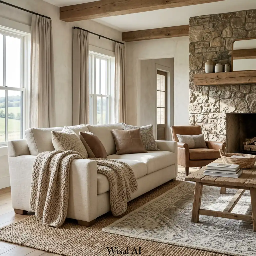 Farmhouse living room featuring layered natural textures like linen, wood, and stone