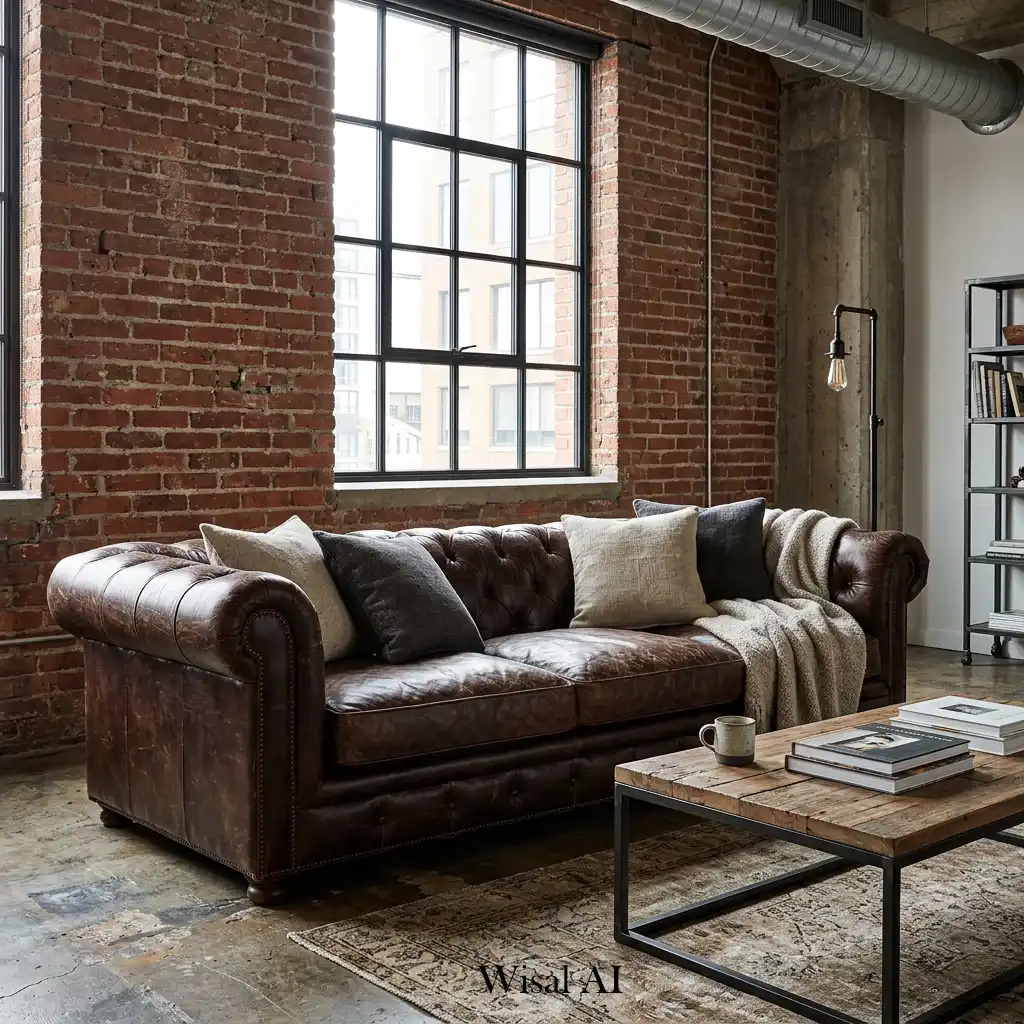 29. Deep brown leather sofa in moody industrial interior design