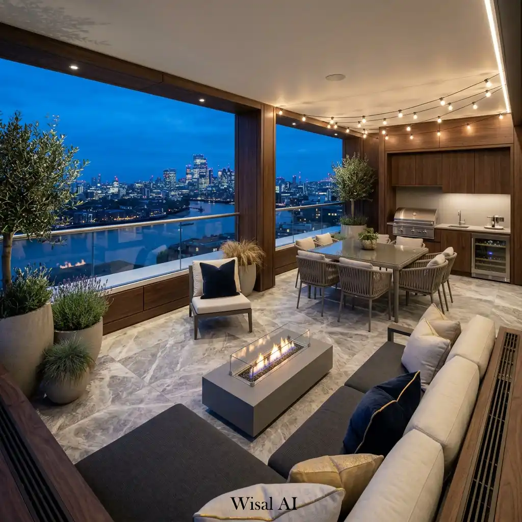 Luxury penthouse balcony with premium finishes and panoramic city scenery