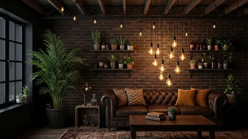 23. A Moody Industrial Living Room Idea: Leather, Metal, and Edison Bulbs