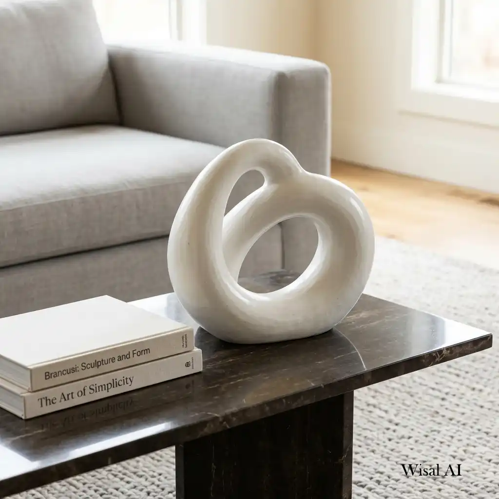 Elegant coffee table with a handcrafted sculpture and natural stone accessories.