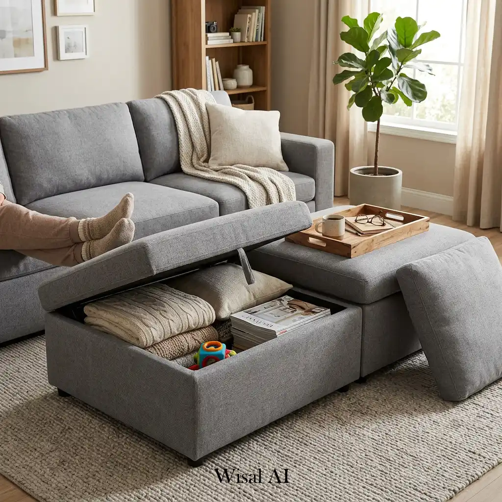 Neutral storage ottoman serving as seating table and hidden organizer