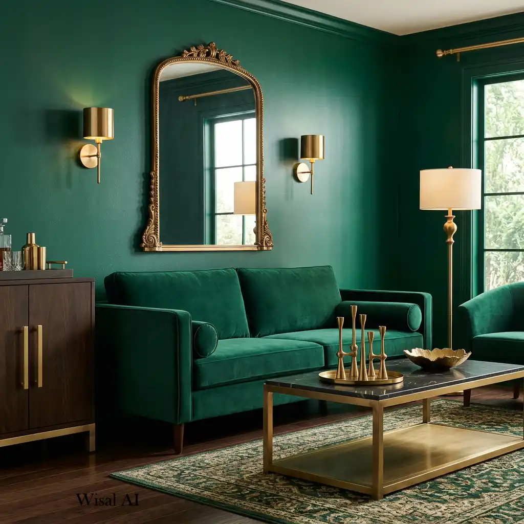 Modern living room with emerald green accents and brushed brass finishes.
