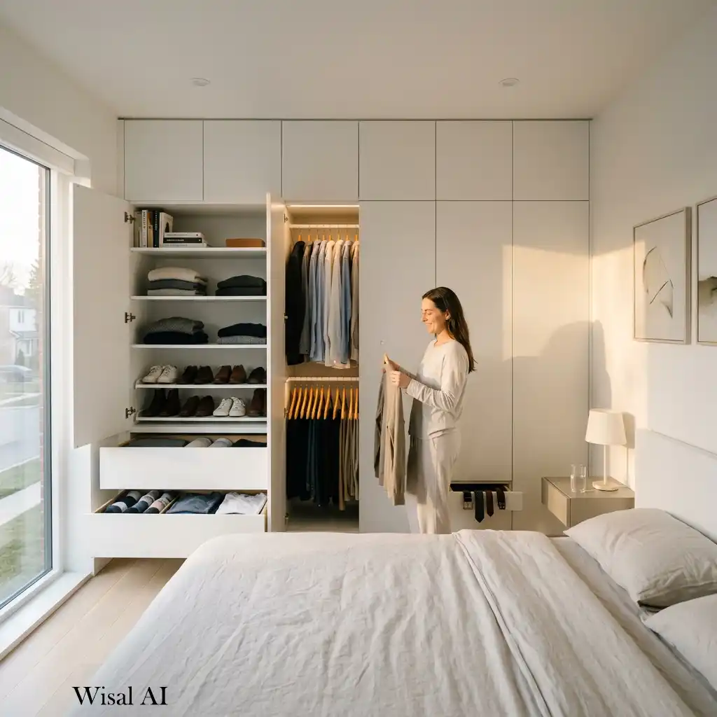 White oak built-in wardrobe with organized storage and integrated LED lighting.