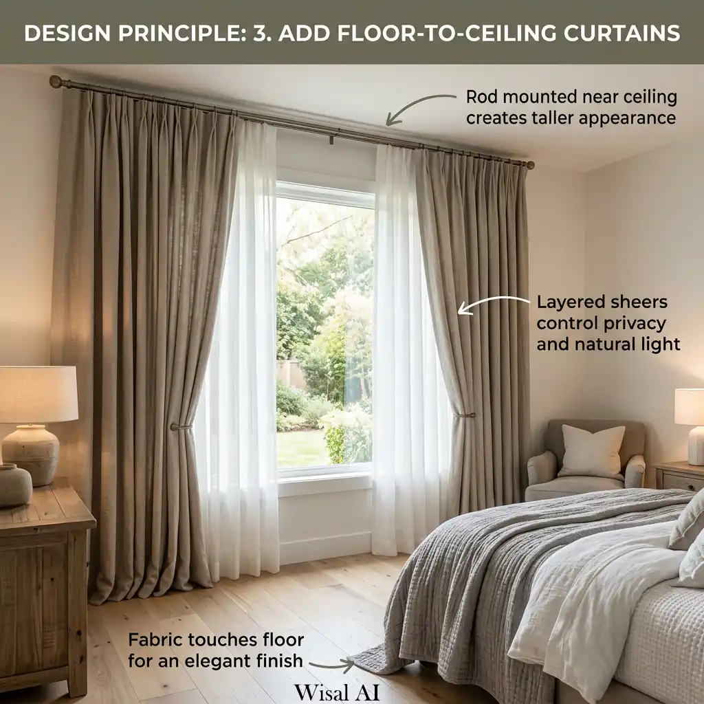 Elegant bedroom featuring floor-to-ceiling curtains creating height and timeless sophistication.