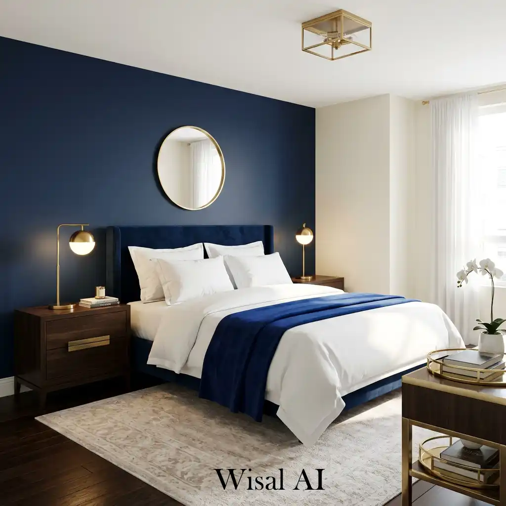Luxury navy blue bedroom with elegant modern design