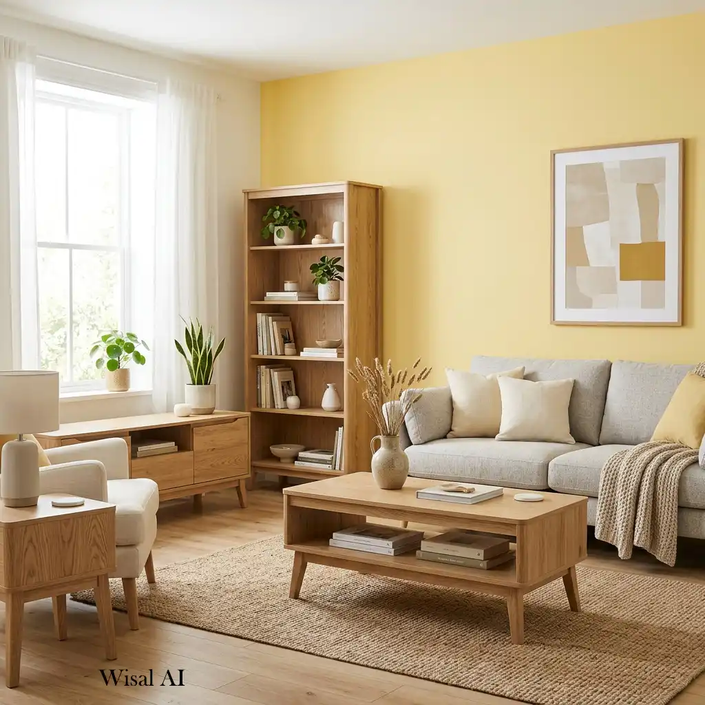 Modern living room featuring butter yellow décor and light oak furniture.